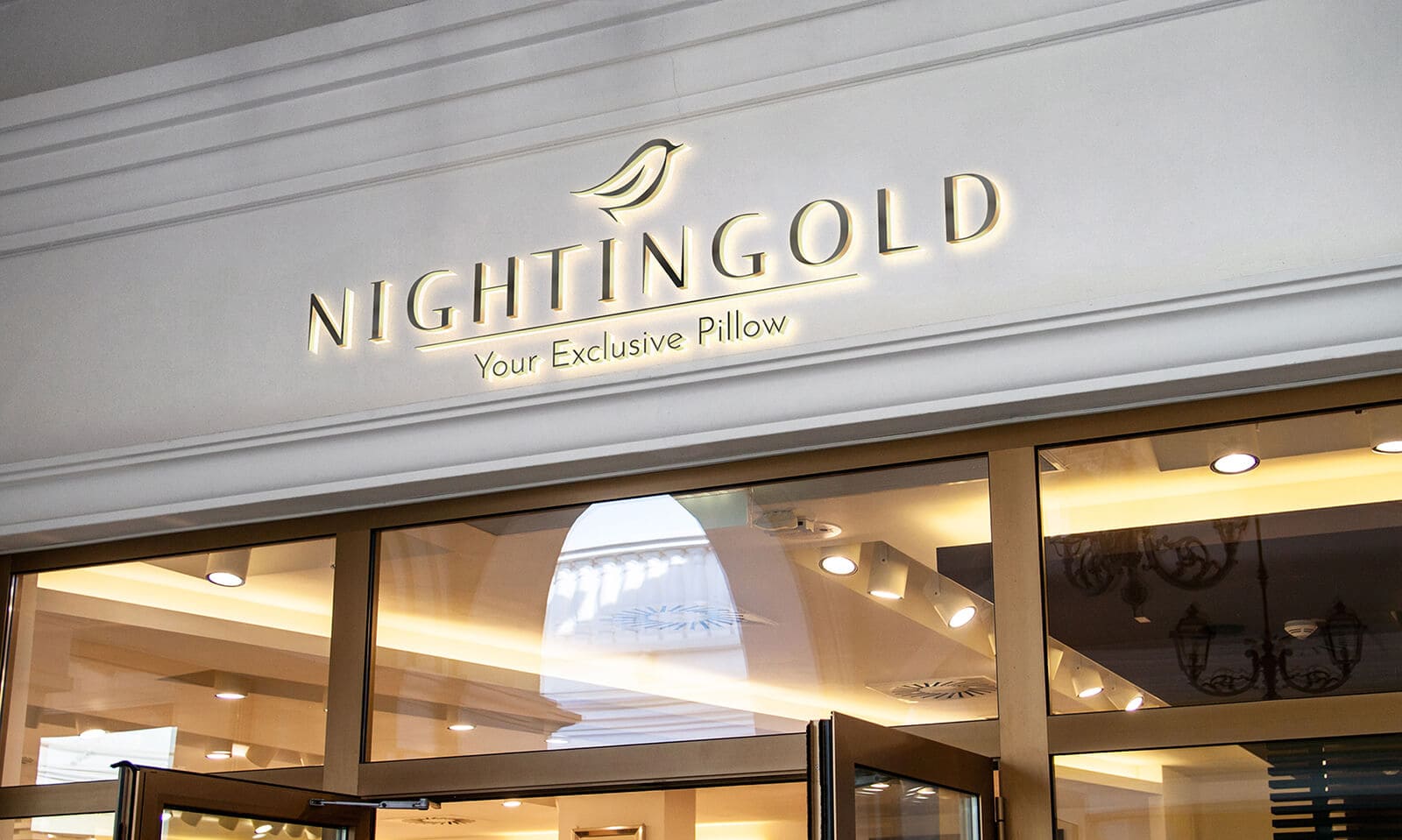 Applicazione della brand identity Nightingold (insegna store)