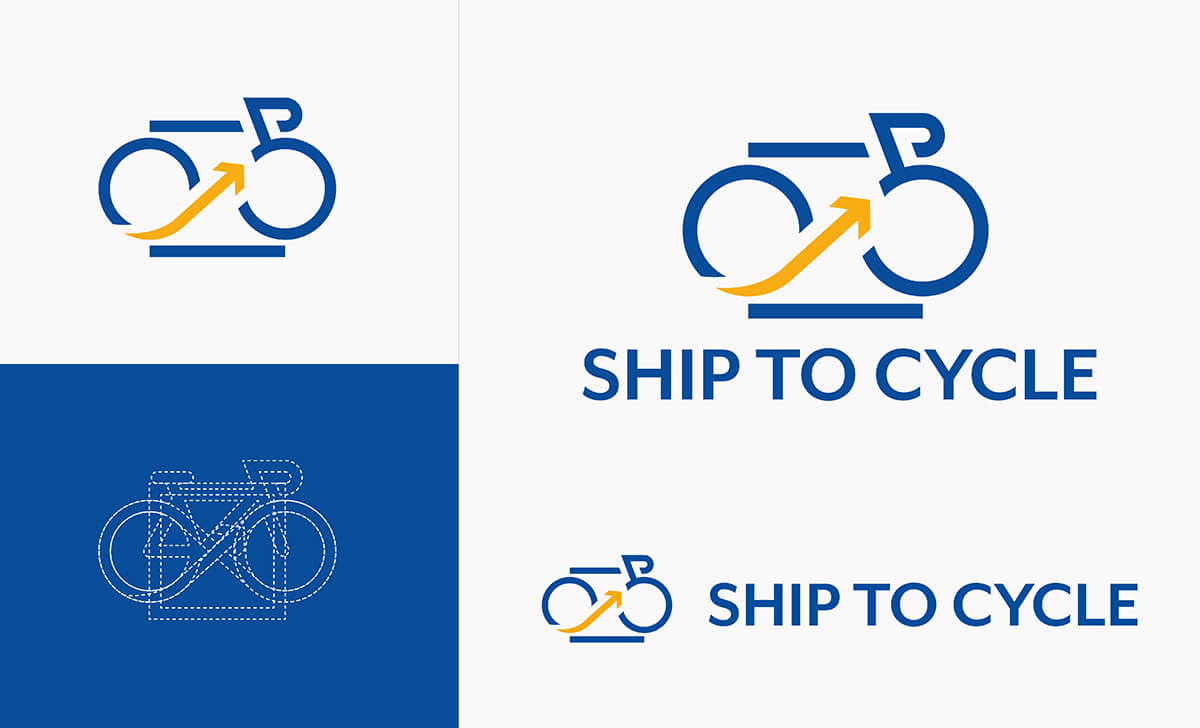 Logo Ship To Cycle: bicicletta, mondo, infinito, freccia e quadrato