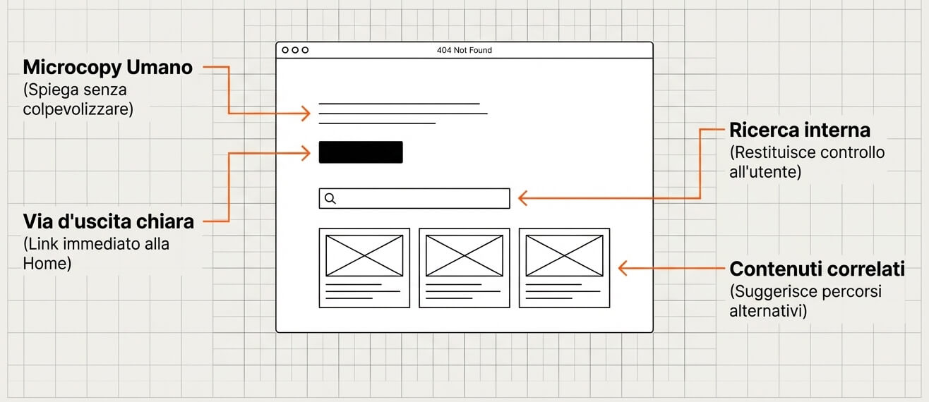 Wireframe della struttura ideale di una pagina 404 orientata alla UX
