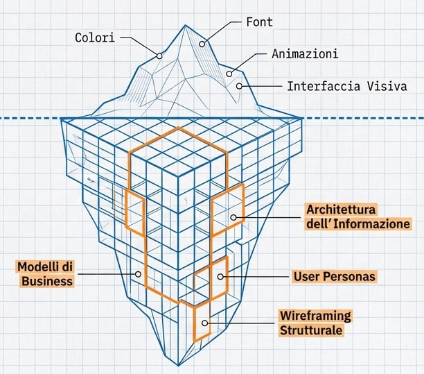 Grafico a forma di iceberg con in superficie colori, font e interfaccia e sotto il livello del mare modello di business, architettura dell'informazione e user persona