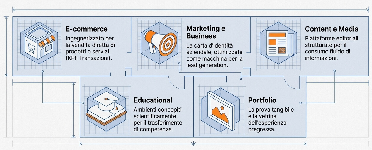 illustrazione dei principali tipi di sito web in base all'obiettivo: e-commerce, marketing e business, content e media, educational, portfolio