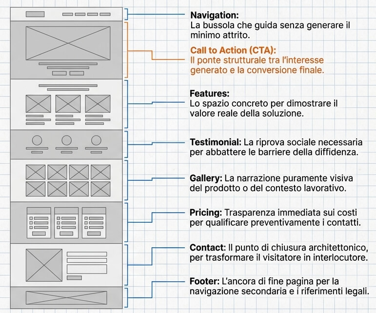 wireframedella home page di un sito web con intestazione, hero principale, sezioni contenuto, call to action e footer