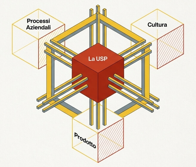 Schema delle 7 leve strategiche per aiutare le piccole imprese a competere con i grandi brand mettendo al centro l'USP