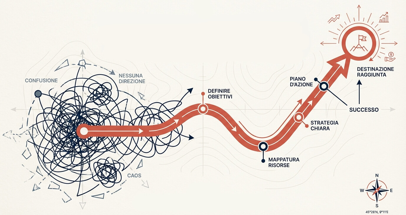 illustrazione di un viaggio con mappa che rappresenta il processo di brief